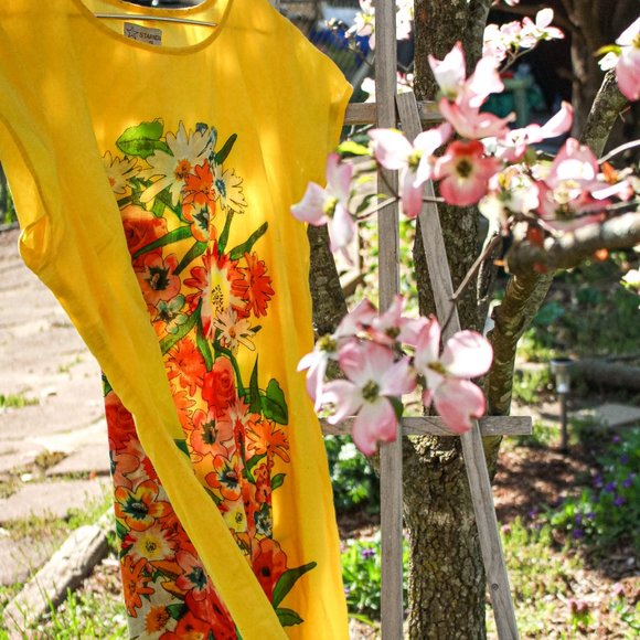 Yellow Screen Printed Chemise Aesthetic Mini Dress - Picture 11 of 13